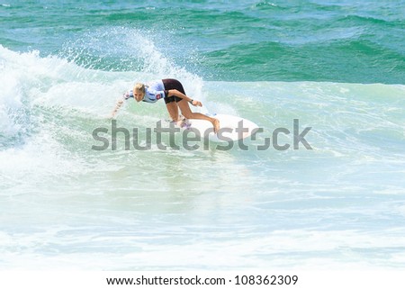 BIARRITZ, FRANCE - JULY 14: Stephanie Gilmore defeats Tyler Wright during the final at the women\'s pro championship and wins the 2012 world title Roxy Pro July 14, 2012 in Biarritz, France.