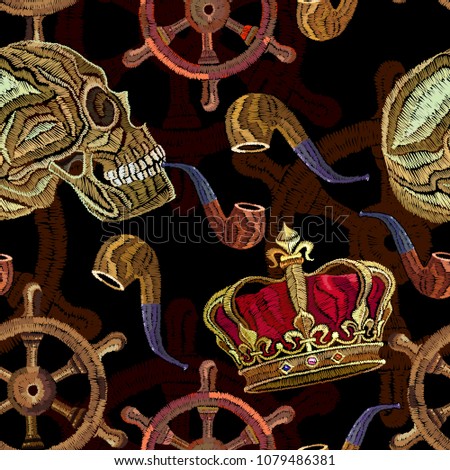 Embroidery skull pirate, golden crown and steering wheel seamless pattern. Template for clothes, textiles, t-shirt design