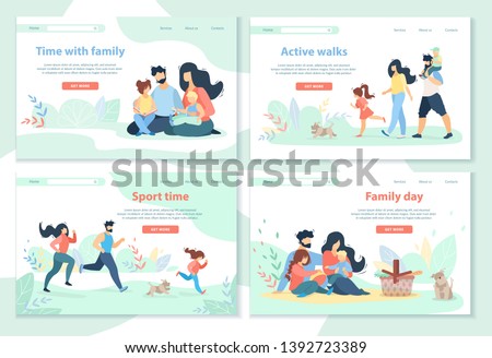 Family Day, Leisure, Sport Time, Active Walks Horizontal Banner Set. Happy People Spend Time Together. Mother, Father and Kids Healthy Lifestyle, Outdoor Activity. Cartoon Flat Vector Illustration 商業照片 © 