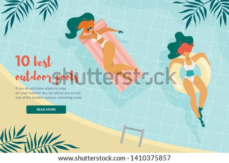 10 Best Outdoor Pools Horizontal Banner Top View Relaxed Young Women Floating Inflatable Rings on Water Surface under Palm Leaves. Girls Swimming, Hotel, Traveling Cartoon Flat Vector Illustration. Stok fotoğraf © 