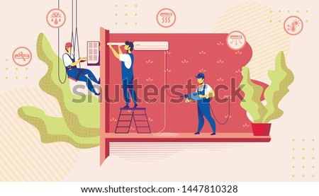 Group of Electrician Call Masters at Work Doing Installation and Repair Air Conditioner at Home, Husband for an Hour, Handy Men Repair Service Fixing Broken Technics. Cartoon Flat Vector Illustration