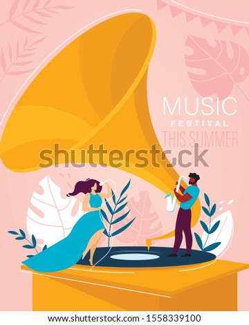 Music Summer Festival Invitation Flyer. Cartoon Woman in Elegant Dress Singing Song in Microphone and Man Playing Saxophone. Tiny Singer and Musician on Huge Gramophone. Vector Flat Illustration