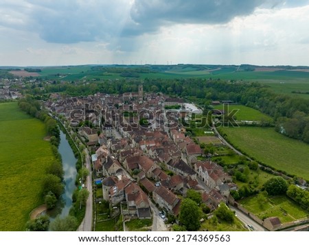 Aerial view of Noyers village in the pretty setting of the Chablis countryside on the banks of the River Serein a real-life history book With the cobbled streets lined with half-timbered houses  Stock fotó © 