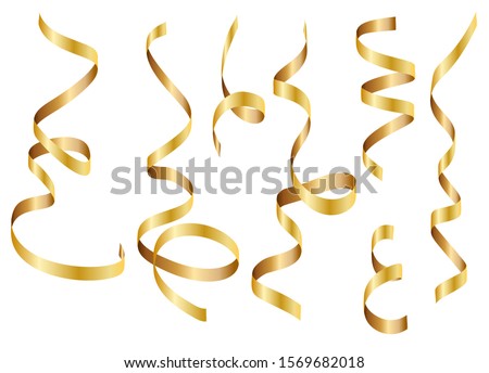 Gold shiny gradient twisted ribbons set. Decoration for carnival party, holiday event, New Year, Christmas, Wedding ceremony. Vector illustration