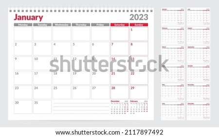 Calendar 2023 planner template. Week Starts on Monday. Set of 12 Months. Vector Illustration