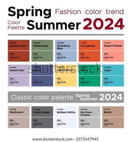 Fashion color trends Spring Summer 2024. Palette fashion colors guide with named color swatches, RGB, HEX colors