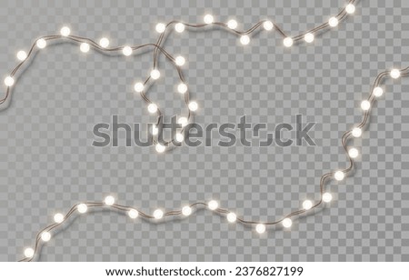 Electric garlands with white circle light bulbs. Christmas lights isolated on transparent background. Holiday decorations with glowing lights for Christmas, New Year, party, event. Vector illustration