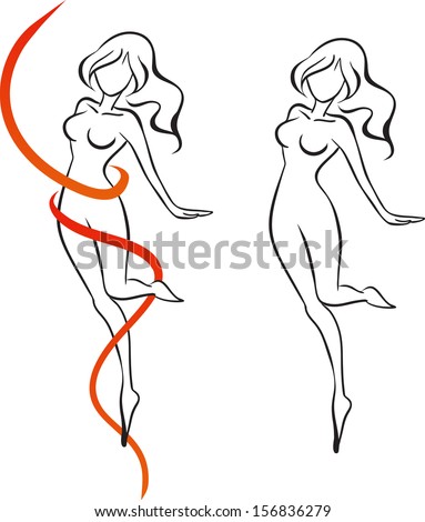 The slender girl surrounded in a red ribbon dances. Girl stands on tiptoe on one leg. Vector image/Slenderness - Slender woman and red ribbon 