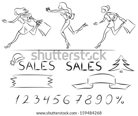 Set on scope of Sale: running women with shopping bags, arabic numerals, sign, fir, New Year's cap/Set sales and shopping 