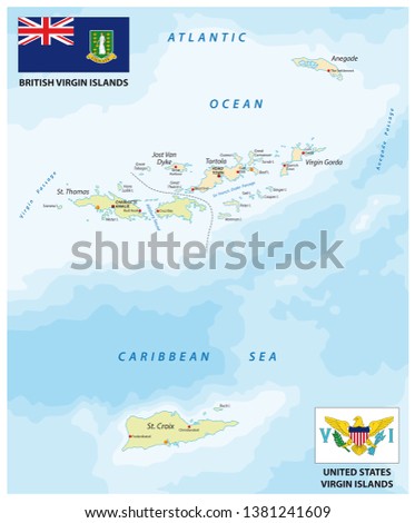 united states and british virgin islands vector map with flags