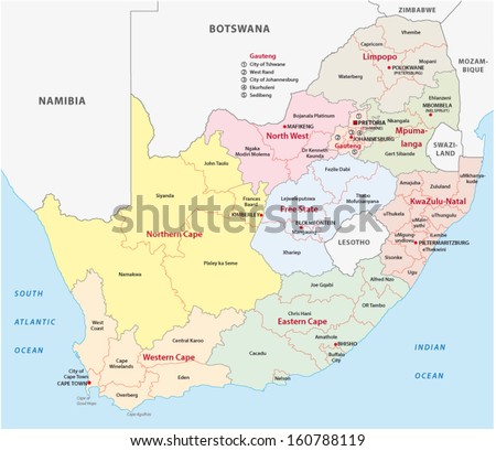 South Africa Administrative Map (Provinces And Districts) Stock Vector ...