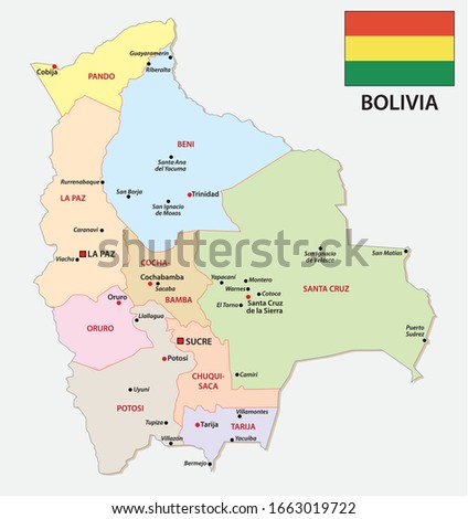 bolivia administrative map with flag and main cities