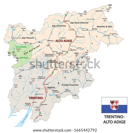 Road map of the italian region Trentino Alto Adige with flag