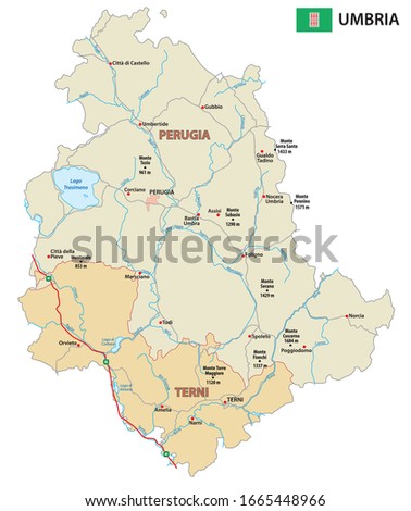 Road and administrative map of the italian region Umbria
