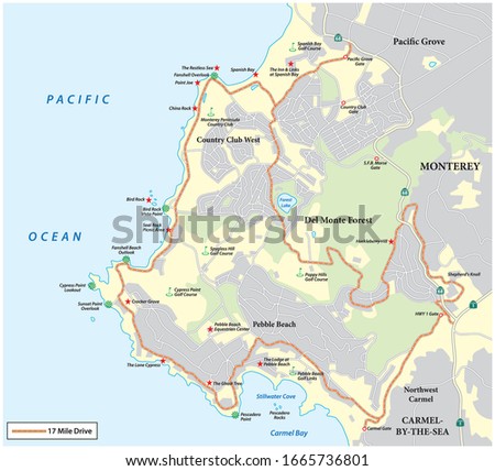Map of Seventeen Mile Drive a scenic road through Pebble Beach and Pacific Grove on the Monterey Peninsula in California