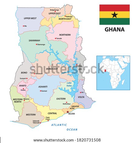 new administrative vector map of Ghana with flag, 2019