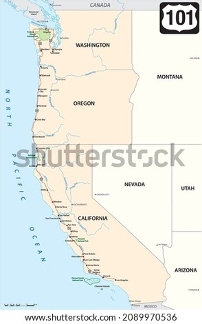 vector map of us Highway 101 on the west coast of the USA 