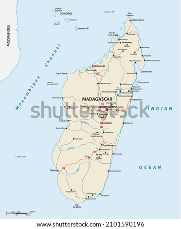 road map of the African island nation of Madagascar