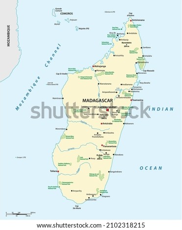 National park map of the African island nation of Madagascar