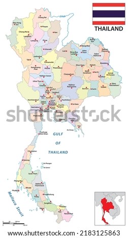 administrative vector map of the kingdom of thailand with flag