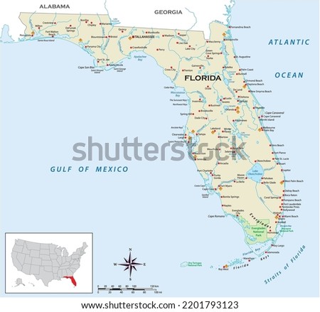 Highly detailed physical map of the US state of florida