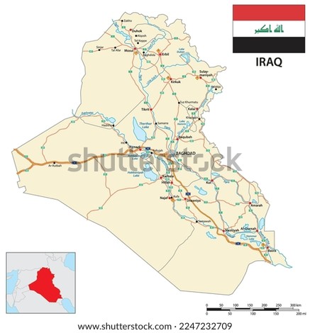 Vector road map of Iraqi Republic with flag