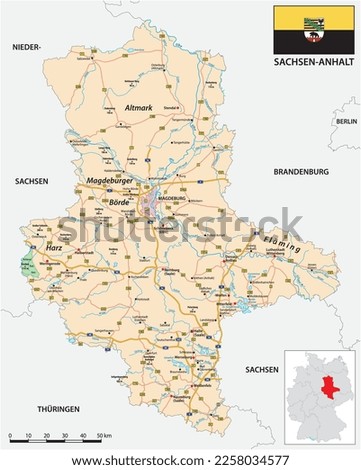 Roadmap of the German state of Saxony Anhalt with flag