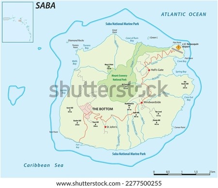 Vector street map of the Caribbean island of Saba