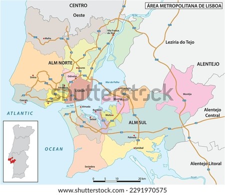 Administrative and Motorway map in the Lisbon metropolitan area, Portugal