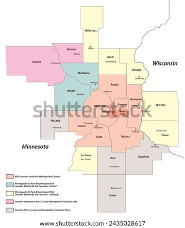 Administrative map of the Metropolitan area Minneapolis-Saint Paul, Minnesota, Wisconsin, United States