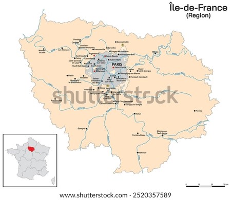 Map with the most important cities and rivers of the northern French region Ile-de-France