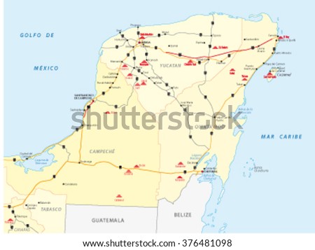 Street Map Of Yucatan With The Main Maya Ruins Stock Vector ...