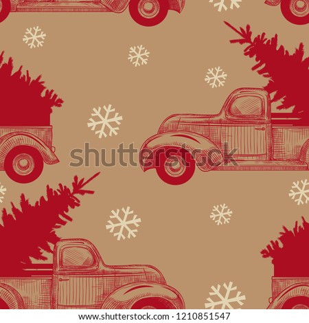 
Christmas truck with Christmas tree and snowflakes on craft paper. Vintage seamless pattern.Hand drawn vector illustration in sketch style. New Year's template.