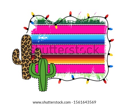 

Festive frame with a cactus tree and Serape fabric and garland with light bulbs. Vector illustration.