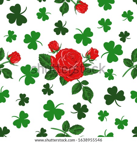 
Wild Irish Rose. St. Patrick's  seamless pattern. Red rose  with buds and leaves of clover on a white background. Vector  texture.
