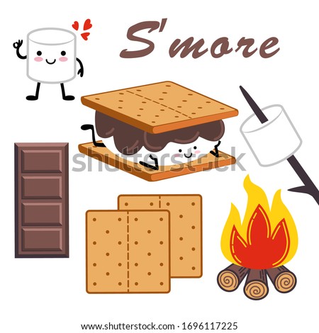 
 Marshmallow cartoon character,campfire, chocolate bar and graham crackers.
  Set of isolated design elements with s’more. Vector illustration.