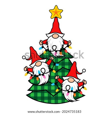 
Three gnomes with garlands on a Christmas tree. Vector isolated cartoon characters. Christmas card.