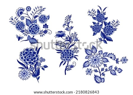 
Set of isolated blue and  white Chinese style bouquets(various flowers, leaves, twigs, curls, butterfly). Vector clipart. Isolated design objects.