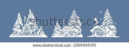 
Set of winter houses silhouettes. Christmas background. Three different houses and fir trees on a pastel blue background.  Vector illustration.