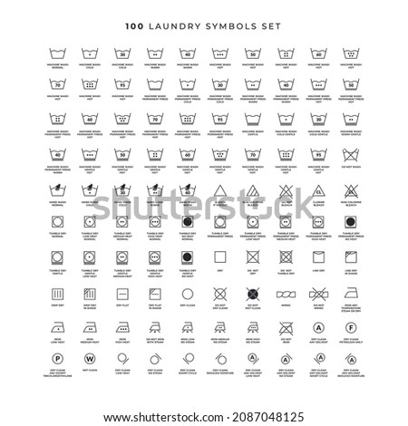 Washing symbols set. Laundry icons. Laundromat, hand washing, soap bubbles in basin icons. Dry t-shirt, laundry service, dirty smudge spot. Clean clothes. Isolated white background. Vector icons.