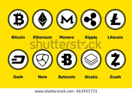 Criptocurrency blockchain icons a yellow background. Set virtual currency.Vector trading signs: bitcoin, ethereum, monero, ripple, litecoin,dash, nem, bytecoin, stratis, zcash. 