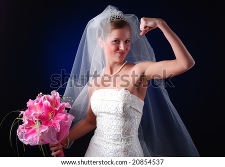 young bride with bouquet of lilys on a black background
