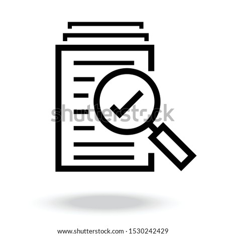 Magnifying glass icon, check assess sign, symbol of scrutiny plan in flat style, search documents icon, quality sign or success, paper label. Vector illustration for web site, mobile application.