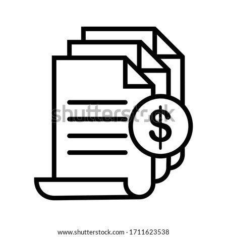 Invoice icon. Bill paid symbol. Tax form outline icon. Paper document with money sign. 