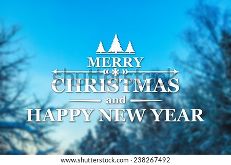 Merry Christmas and New Year greeting card on blurred trees with frost blue sky background