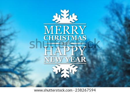 Merry Christmas and New Year greeting card on blurred trees with frost blue sky background