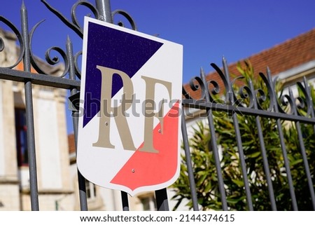 rf text on city hall entrance with french flag on town hall in France Stock fotó © 