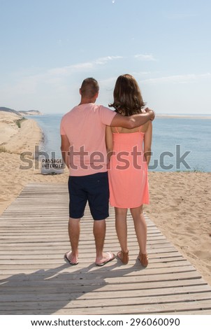 Back view of a young couple at the ocean