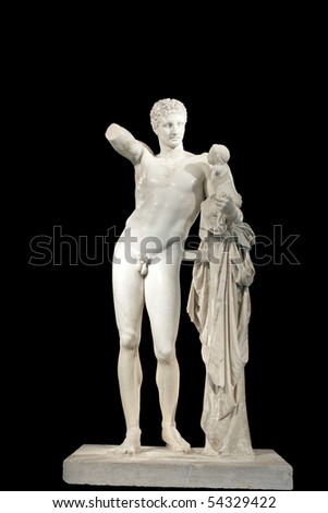 Hermes and Dionysus,
ancient classical Greek statue of Hermes of Praxiteles (museum of ancient Olympia, Greece)
