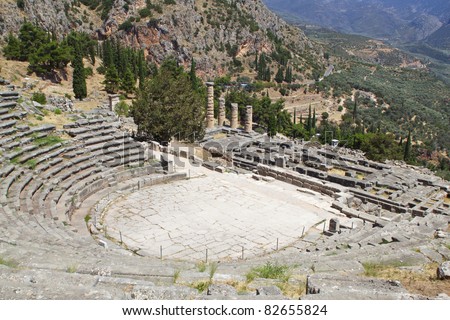 Temple of Apollo and the theater at Delphi oracle archaeological site in Greece